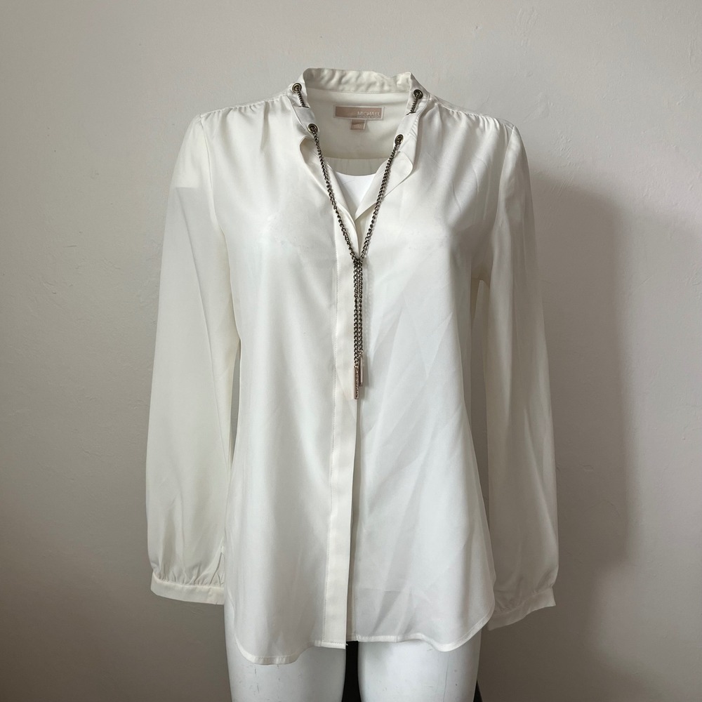 Michael Michael Kors Cream Chain Lariat Split Neck Blouse Off White Medium